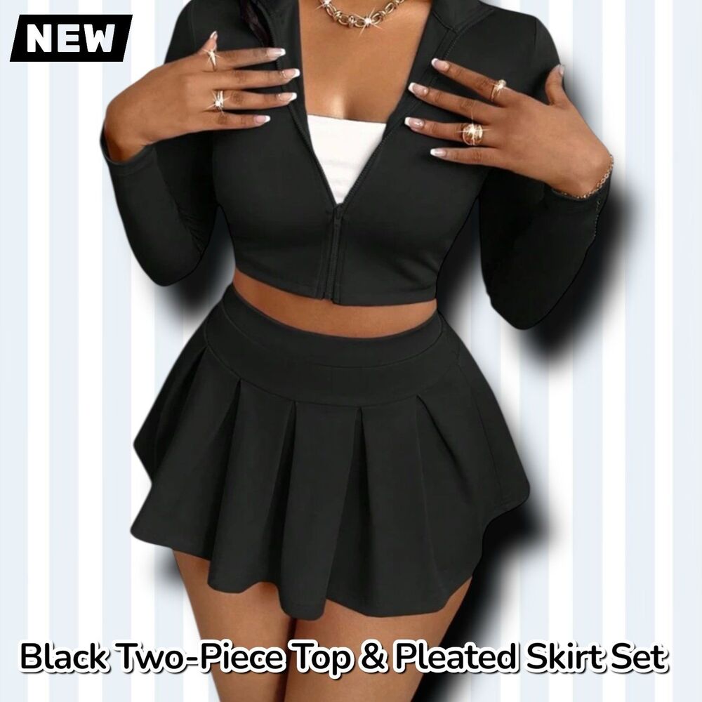 New Black Two-Piece Zip-Up Crop Top & Pleated Skirt Set Medium - Picture 7 of 7